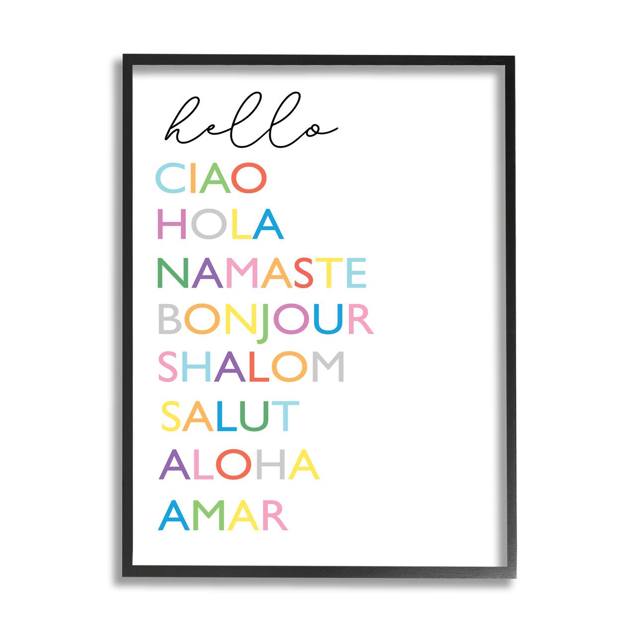 Stupell Industries Hello Ciao Hola Namaste Greetings Rainbow Typography in Black Frame Wall Art